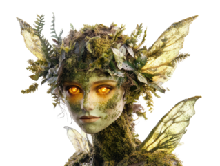 Enchanted forest spirit adorned in moss and foliage , cut out