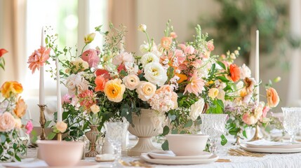Floral centerpiece elegance refined arrangement pink orange and white blooms on dining table artistic presentation