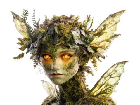 Enchanted forest spirit adorned in moss and foliage , cut out