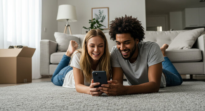 A happy couple sharing a joyful moment, exploring their new home together on a smartphone, nestled on a plush carpet in their cozy living room. - Powered by Adobe