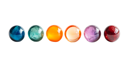 Colorful glass balls lined up, assorted colors, glassy texture, cut out transparent