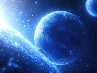 Fototapeta premium A cosmic scene featuring a planet amidst the stars, set against the backdrop of a galaxy with nebula formations.