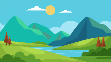 Beautiful landscape vector illustration of mountains, forests, fields and meadows. Stunning panoramic farm landscape with mountains in the background. Natural landscape