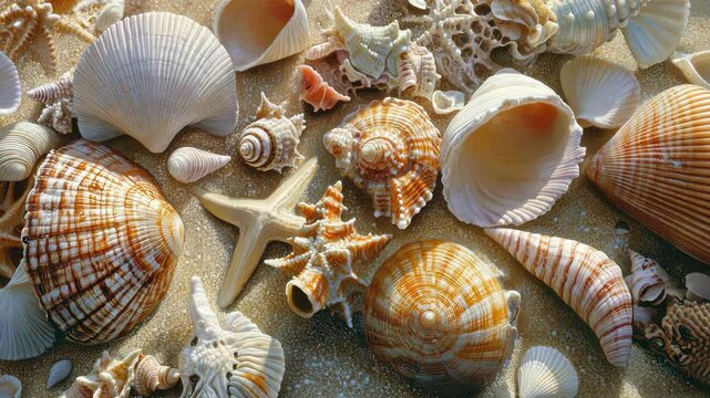 A close-up of a seashell collection on a sandy beach, soft light reflecting off the shells. digital