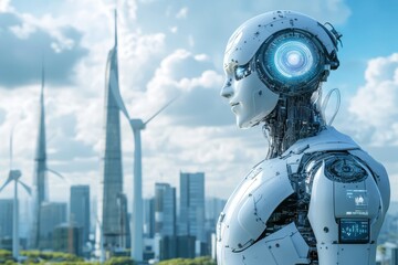 Futuristic robot gazes at a modern skyline with wind turbines under a bright sky