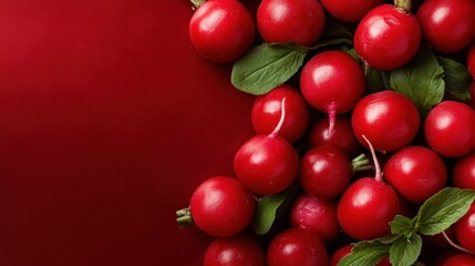 An artistic display of lush radishes and their green leaves against a bright red background, capturing the essence of freshness and vibrant agricultural harvests in photography.