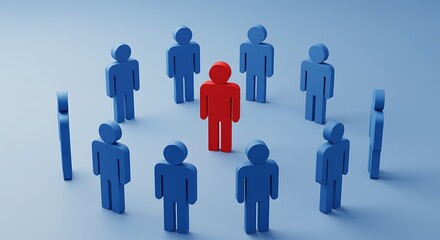 Group of people in a circle represented by a set of blue human dolls in which one of them is in the center in red color