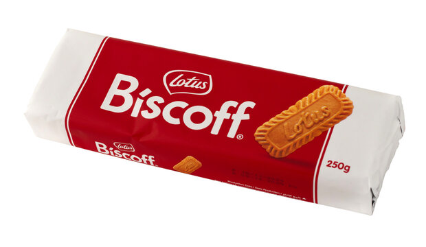 Lotus Biscoff cookies in a package. Belgian sweet crispy cookies. Isolated object on transparent background