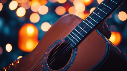 Fototapeta premium Acoustic guitar in focus with colorful lanterns blurred, evoking warmth and artistic serenity.