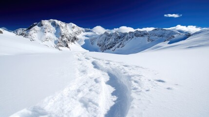 Pristine snow-covered mountain pass.  Vast expanse of untouched white snow leading towards towering peaks under a clear blue sky.  Footprints show recent passage