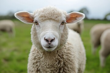 Obraz premium A cute sheep gazes curiously in a vibrant green field.