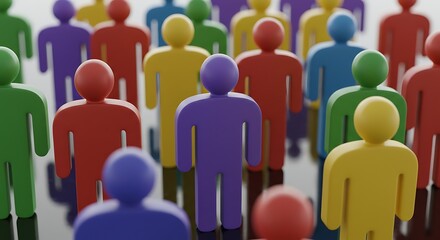Group of people standing forming a crowd made with colorful dolls on a black background with reflective floor representing a community