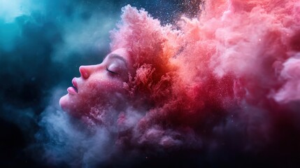 Fototapeta premium A breathtaking surreal portrait features a face surrounded by vibrant smoke, illustrating a blend of emotion and creativity through its ethereal and colorful elements.