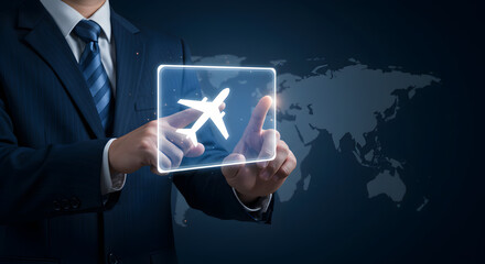 Businessman Interacting with Digital Airplane Icon on World Map Display