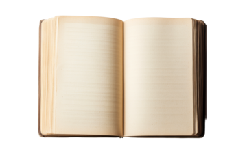 Antique open book with blank pages, old-fashioned style, cut out transparent