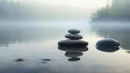 Calm stones stacked by a tranquil water surface.