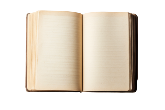 Antique open book with blank pages, old-fashioned style, cut out transparent