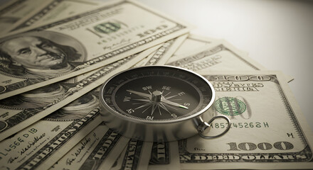 Classic Silver Compass Placed over Stack of United States Dollar Bills on Neutral Tone Background Representing Financial Guidance