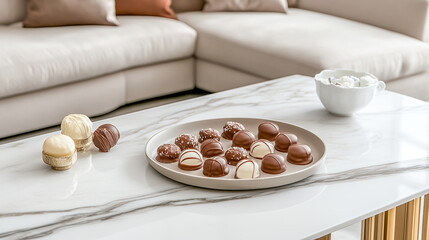 A luxurious marble table adorned with an exquisite selection of gourmet chocolates