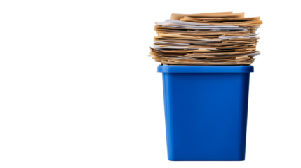 Overflowing blue recycling bin with stacked files, cut out transparent