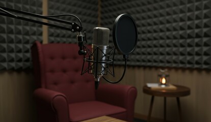 Microphone in recording studio with red armchair and acoustic panels. Ideal for podcasting, content creation, relaxation.