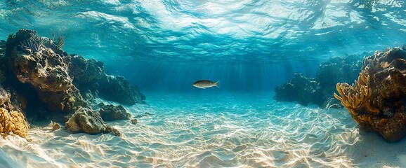 Underwater coral reef scene, single fish, sandy ocean floor, tropical paradise