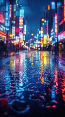 Fototapeta premium Vibrant neon-lit street in a bustling city during rain, reflecting colorful lights
