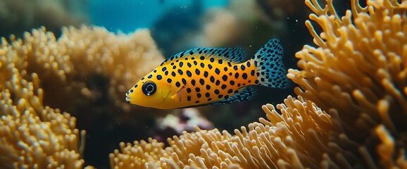 Yellow fish swims coral reef ocean background