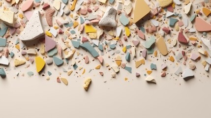 Colorful broken ceramic pieces on a flat surface.