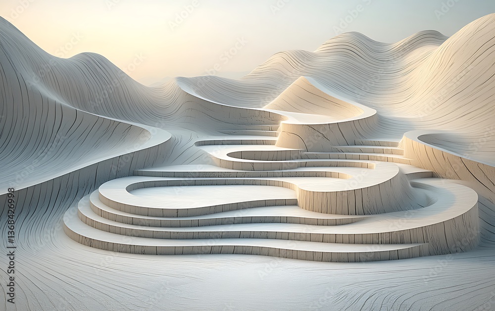 Poster Abstract white architectural forms in surreal landscape