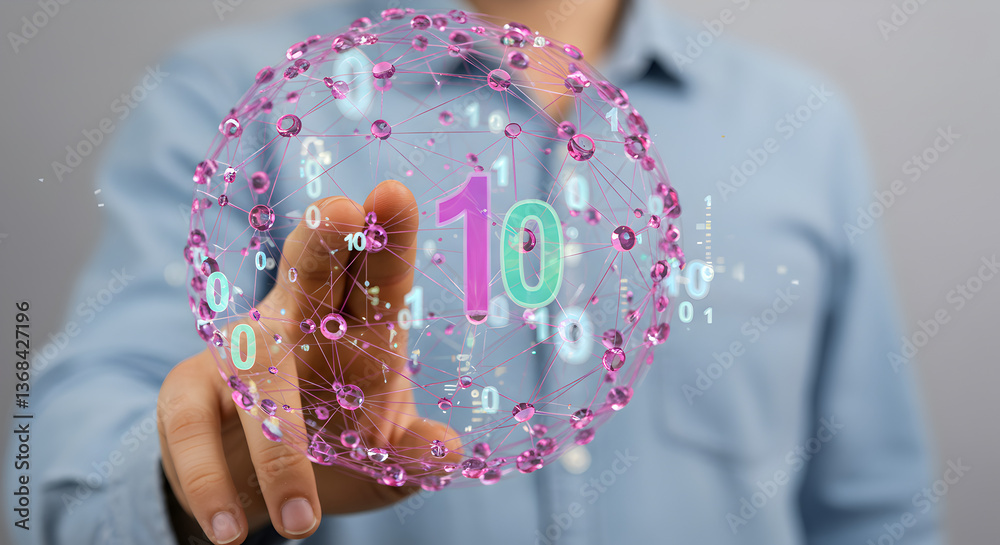 Poster data sphere hologram projected near hand with binary numbers and polygons against gray background