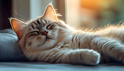 A serene fluffy cat peacefully sleeping on a soft surface by a sunlit window, creating a tranquil atmosphere