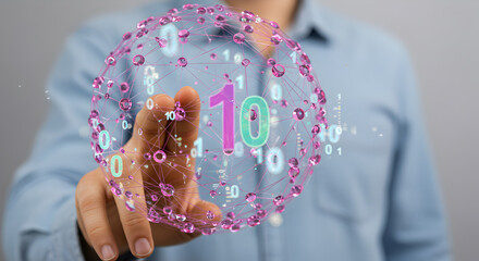 Data Sphere Hologram Projected Near Hand with Binary Numbers and Polygons Against Gray Background