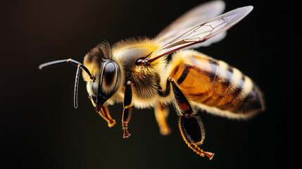 bee close-up, showcasing intricate details of its body, wings, and hairs, ideal for nature documentaries, environmental campaigns, and scientific research	
