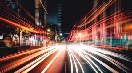 Naklejka premium Dynamic cityscape with light trails at night.