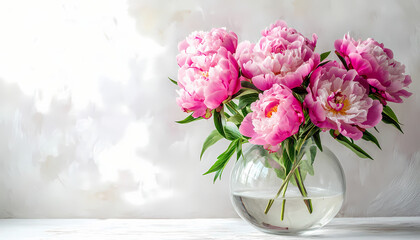 Fototapeta premium Pink Peonies in Glass Vase Flower Bouquet Photography