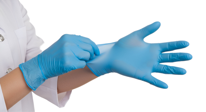 Doctor's hands putting on medical gloves isolated on a transparent background - Powered by Adobe