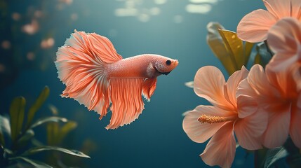 Peach betta fish swims near hibiscus flowers