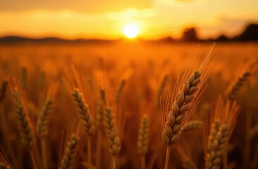 Golden wheat fields under warm sunset in picturesque countryside rural landscape. Delicate glistening waves of wheat ears in rays of evening sun. Close-up. Copy space for text.