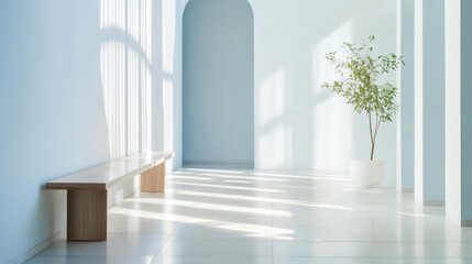 Serene Hallway with Natural Light Minimalist Bench and Potted Plant Creating Calm Ambience and Architectural Harmony