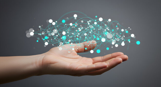 Hand Holding Digital Network Connection Cloud Computing on Gray Background Concept