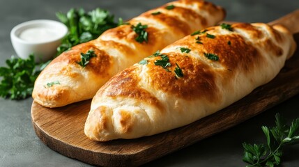 A beautifully baked calzone featuring a golden brown crust and fresh parsley garnish, perfect for serving as a delightful meal or snack during any gathering.