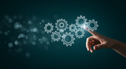 Hand Interacting with Floating Silver Gears Depicting Technological Integration on Dark Teal Background