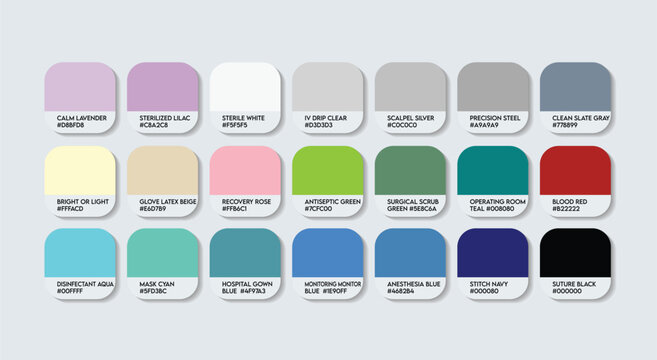 Surgeon Color Guide Palette with Color Names. Catalog Sample of Surgeon doctor with RGB HEX codes and Names. medicine sector Color Palette, plastic, metal, Strong stone, Fashion Trend Color Palette