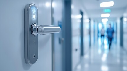 Naklejka premium Sterile door handle in hospital corridor, closeup on hygiene and accessibility in healthcare