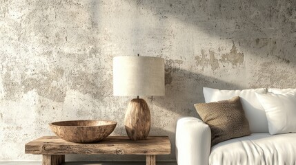 Serene interior scene showcasing a wooden table lamp and bowl near a comfortable white sofa with a textured wall background