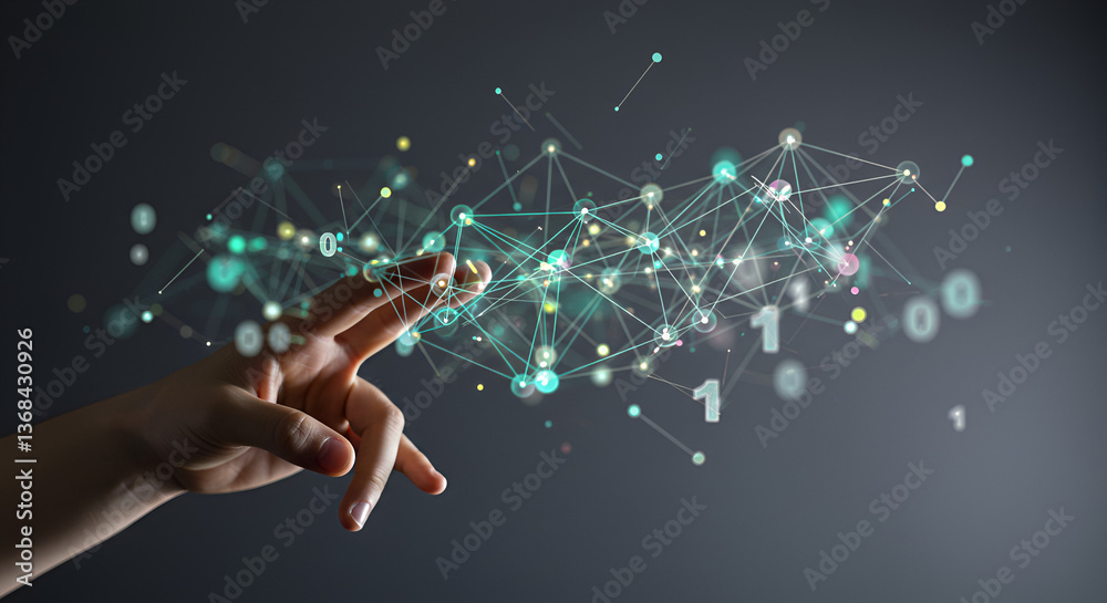 Poster hand touching turquoise geometric network of dots and binary code with digital connection on a dark 