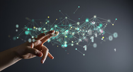 Hand Touching Turquoise Geometric Network of Dots and Binary Code with Digital Connection on a Dark Background