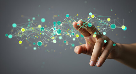 Human Hand Touching Abstract Green and Yellow Plexus Network on Gray Backdrop