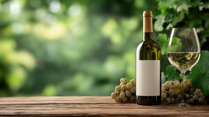 Obraz premium This beautiful composition showcases a label-free white wine bottle accompanied by fresh grapes, creating a delightful pairing on a rustic wooden surface with greenery in the background.